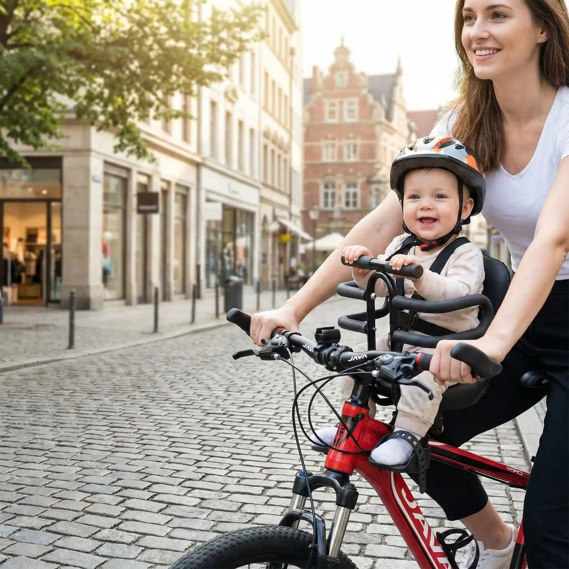 bébé sur porte bebe velo avant aventure family avec maman