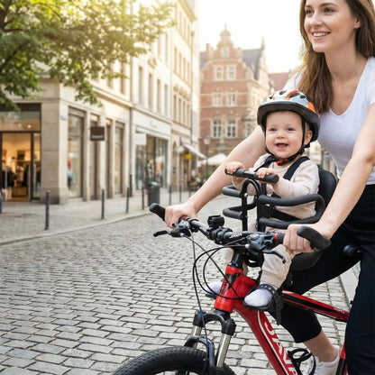 bébé sur porte bebe velo avant aventure family avec maman