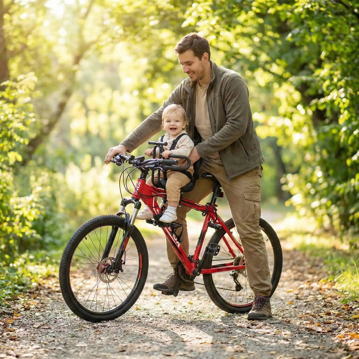 bébé sur porte bebe velo avant aventure family avec papa