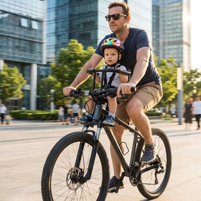bébé sur porte bébé vélo babysafe avec papa en ville