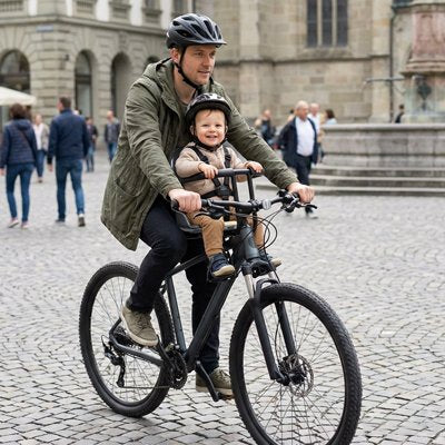 bébé sur porte bébé vélo babysafe avec papa