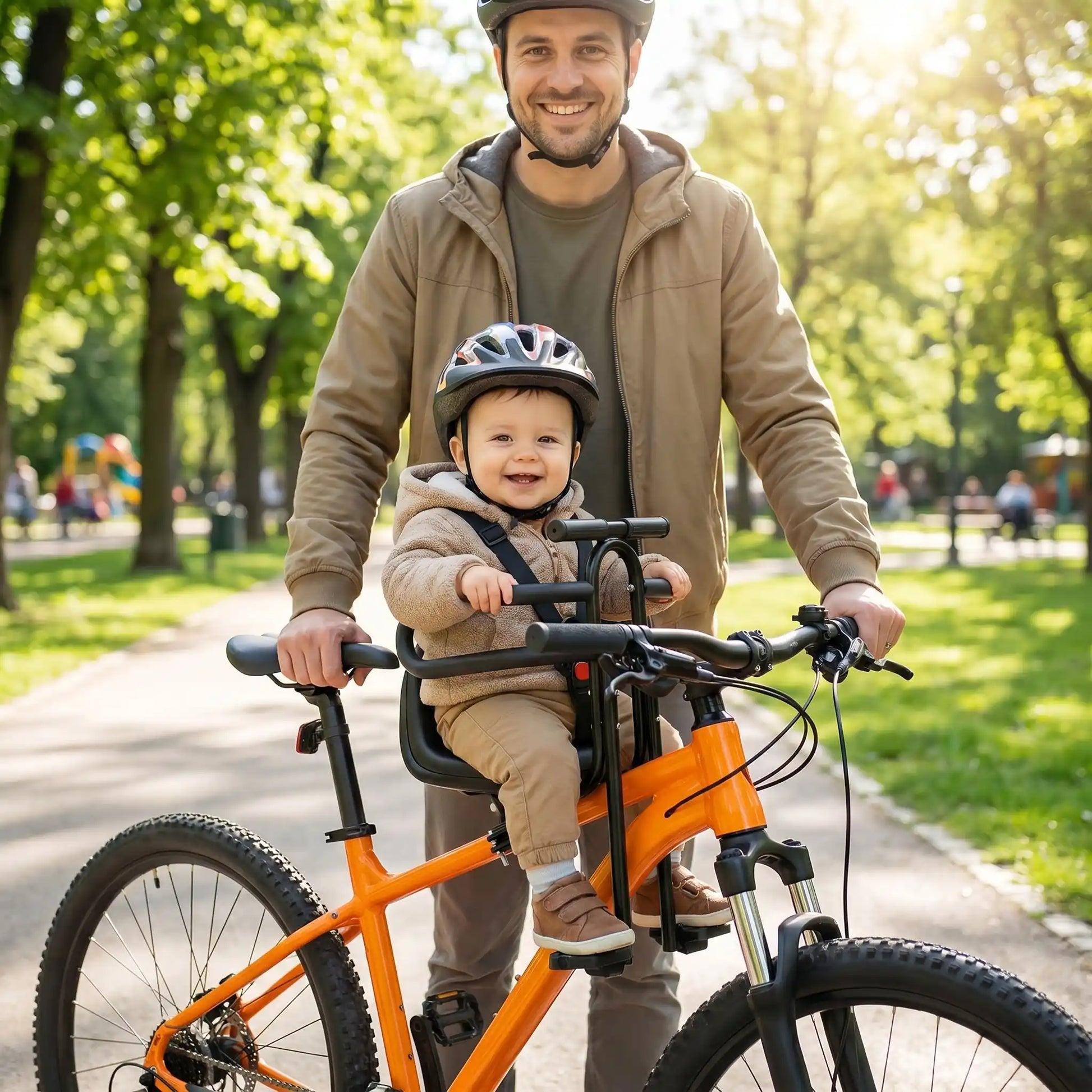 bébé sur porte bebe velo devant babysécur au parc avec papa