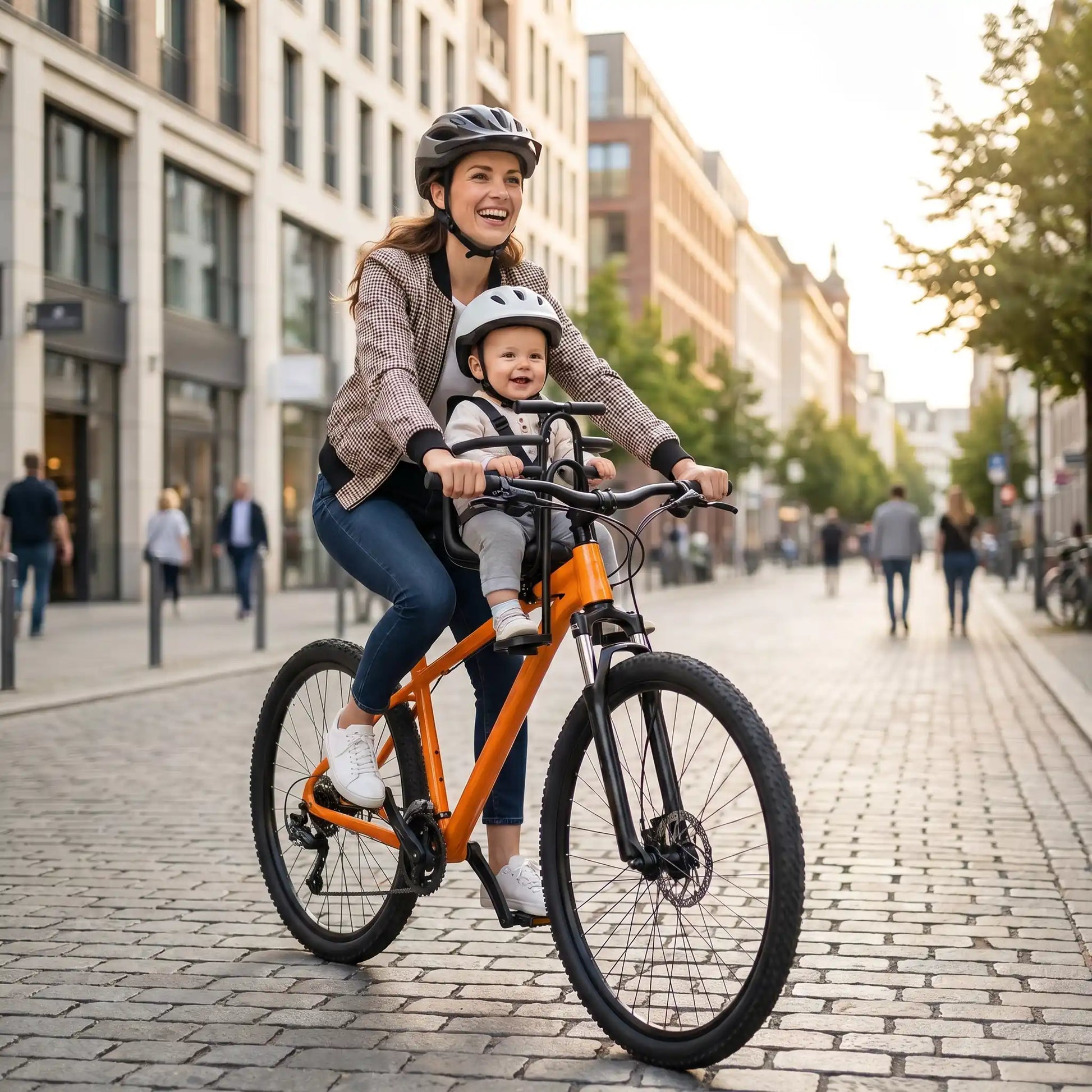 bébé sur porte bebe velo devant babysécur en ville avec maman