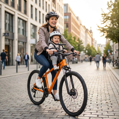 bébé sur porte bebe velo devant babysécur en ville avec maman
