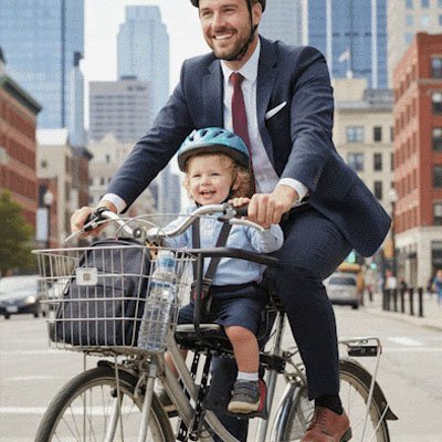 bébé sur porte bebe velo securide avec papa en ville