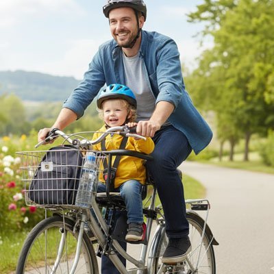 bébé sur porte bebe velo securide avec papa