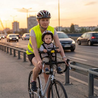 bébé sur porte bebe velo sécurisé avec maman en ville