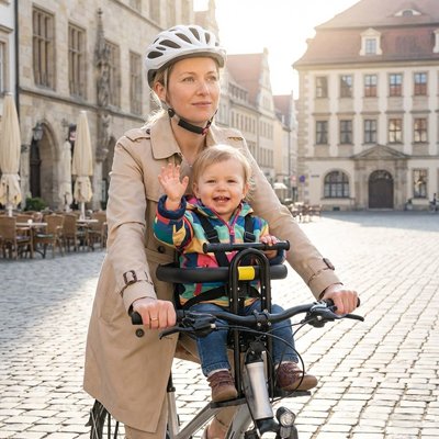 bébé sur porte bebe velo sécurisé avec maman