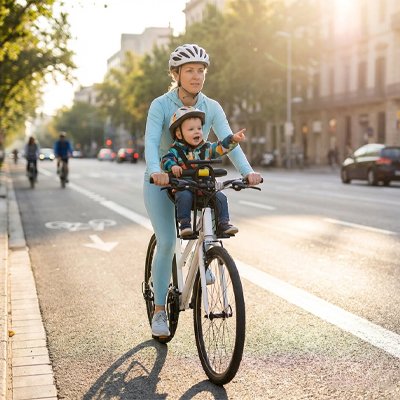 bébé sur porte bebe velo sécurisé avec maman sur la route