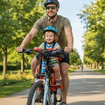 bébé sur siege velo enfant sécuri - comfort avec papa au parc