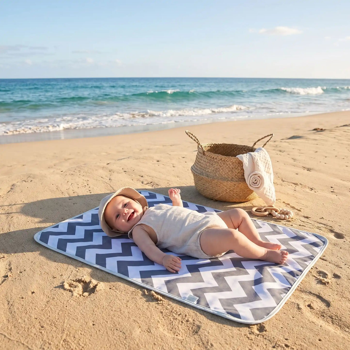bébé sur tapis à langer bébé portable à la plage