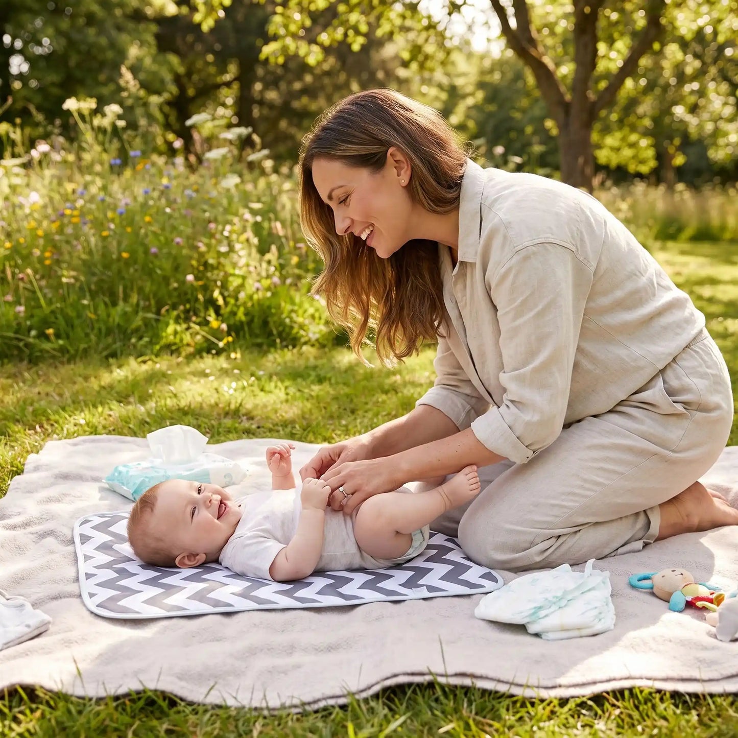 bébé sur tapis à langer bébé portable au parc avec maman