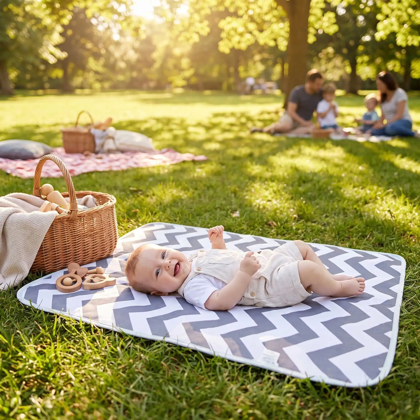 bébé sur tapis à langer bébé portable au parc