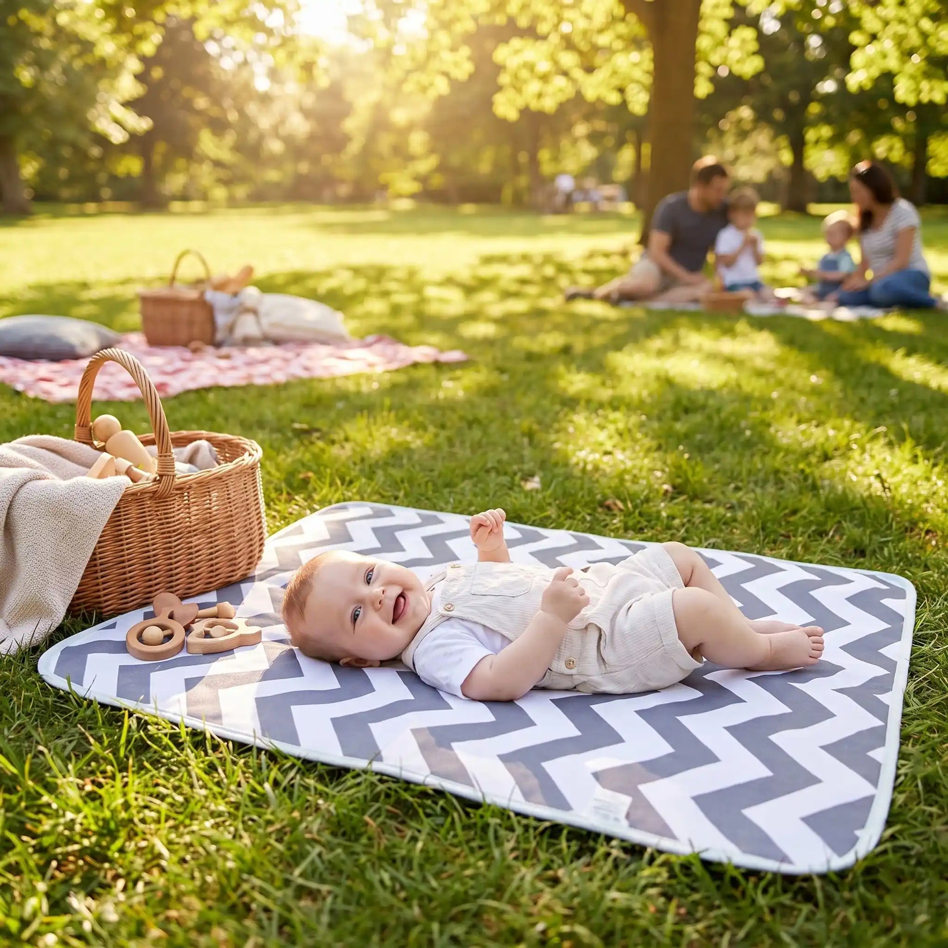 bébé sur tapis à langer bébé portable au parc