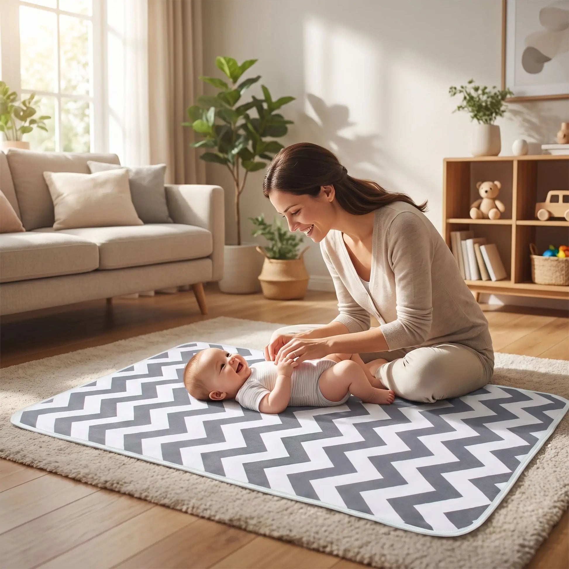 bébé sur tapis à langer bébé portable au salon avec maman