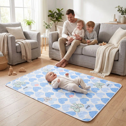 bébé sur tapis à langer de voyage butterfly au salon avec famille