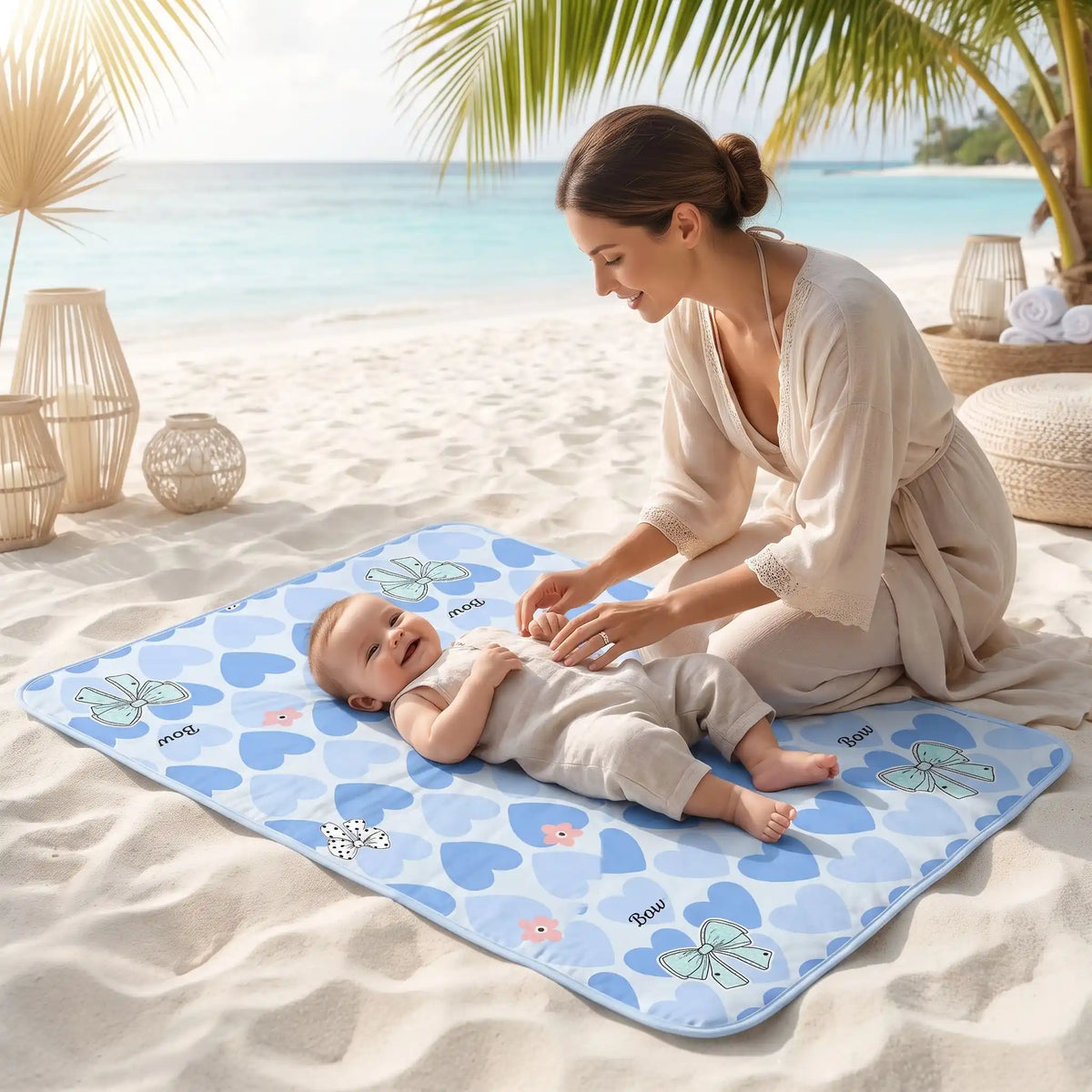 bébé sur tapis à langer de voyage butterfly avec maman sur plage