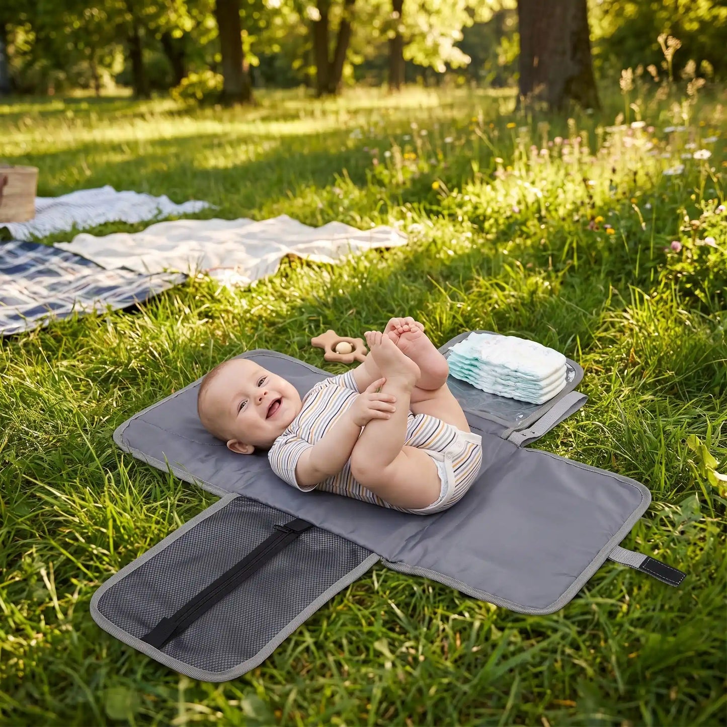 bébé sur tapis à langer de voyage imperméable au parc