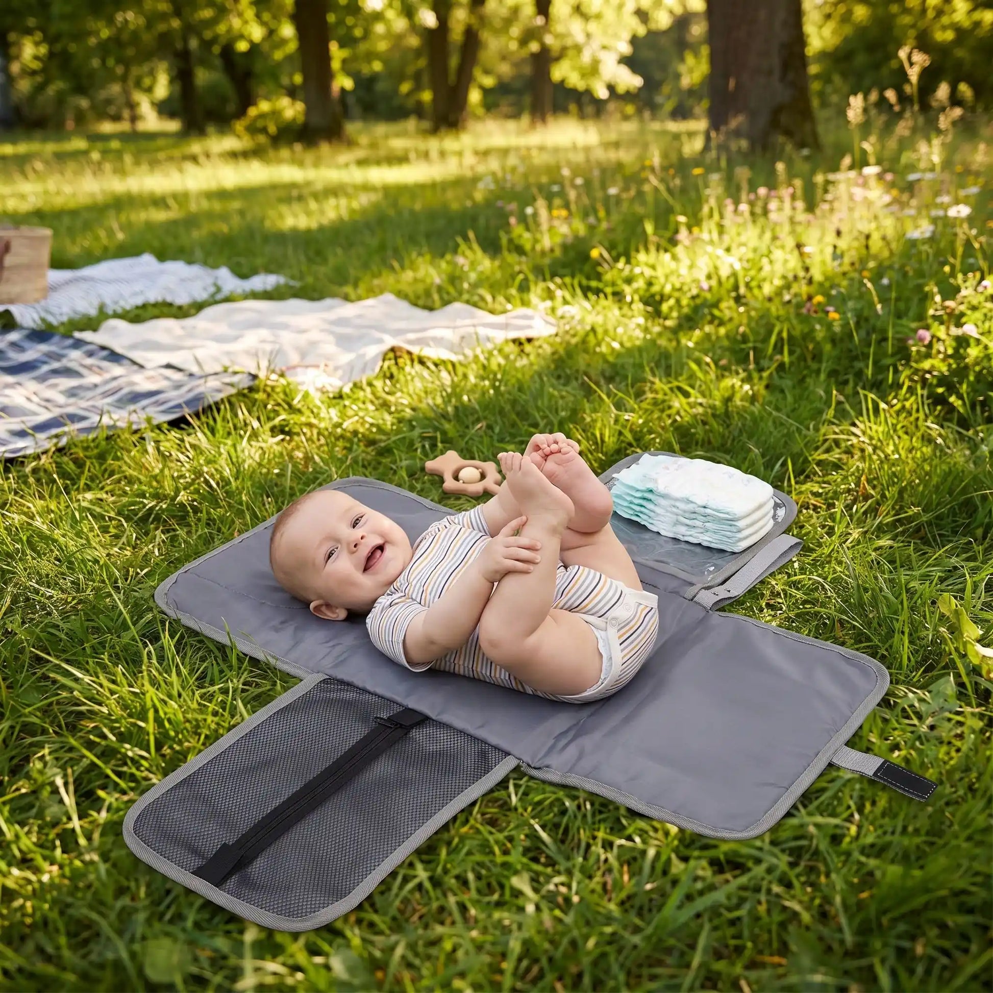 bébé sur tapis à langer de voyage imperméable au parc