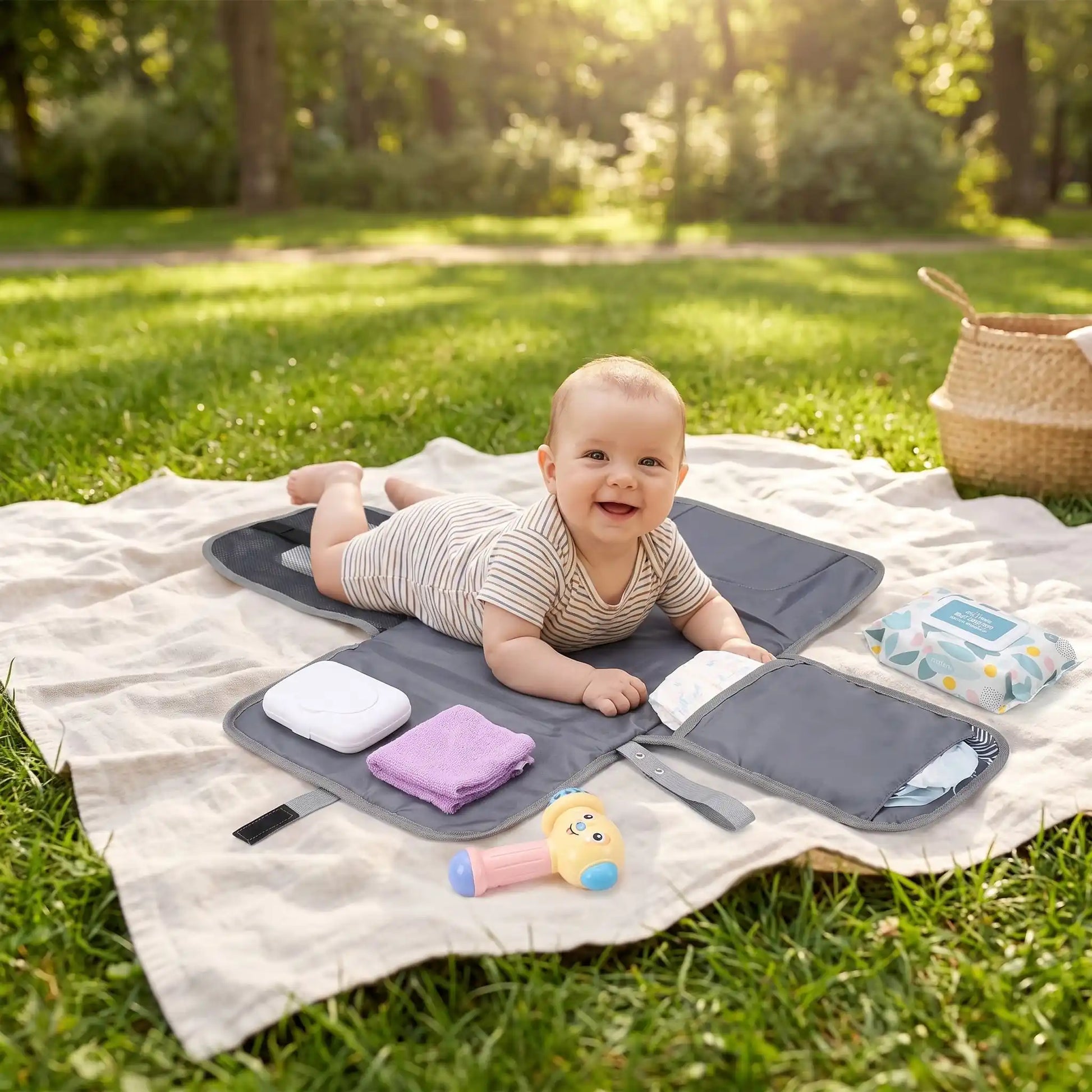 bébé sur tapis à langer de voyage soft au parc