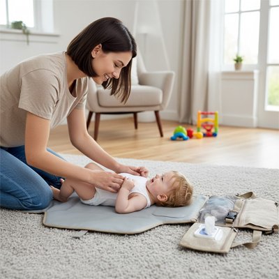 bébé sur tapis à langer nomade avec rangement hygiénique au salon avec maman