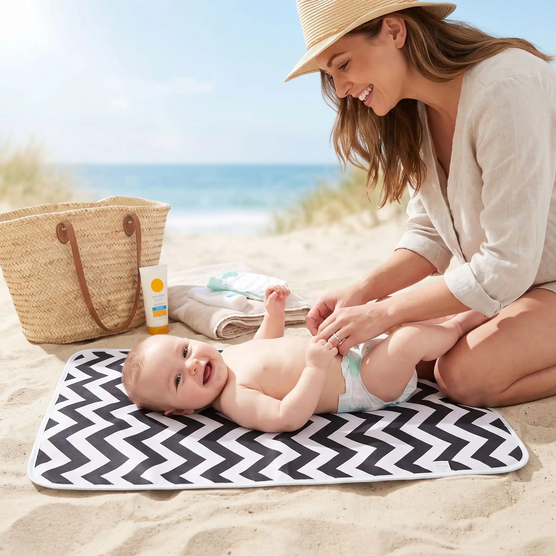 bébé sur tapis a langer nomade bébéhygièna à la plage avec maman