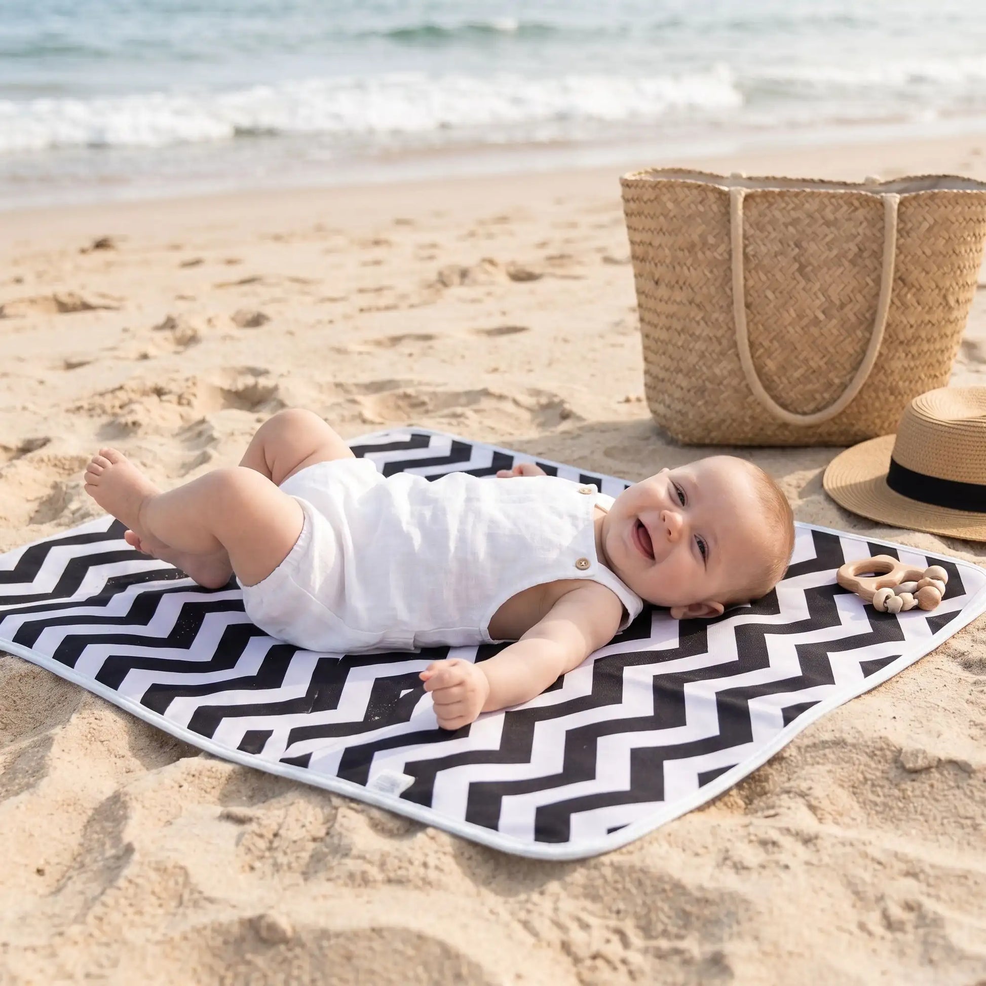 bébé sur tapis a langer nomade bébé hygièna à la plage