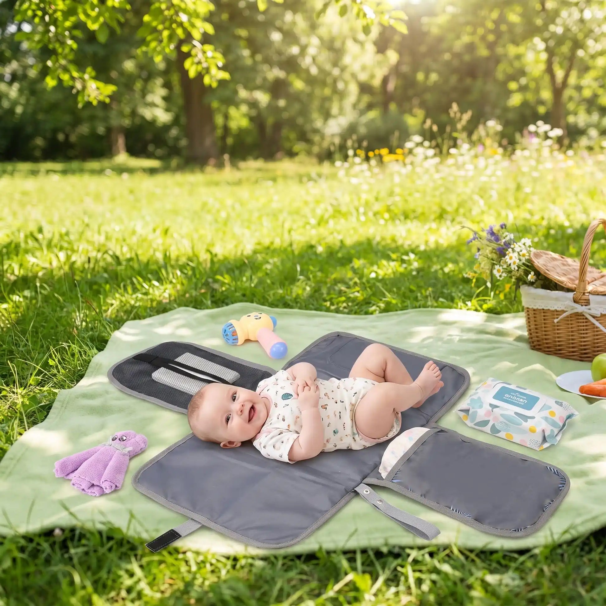 bébé sur tapis à langer nomade blue dots au parc