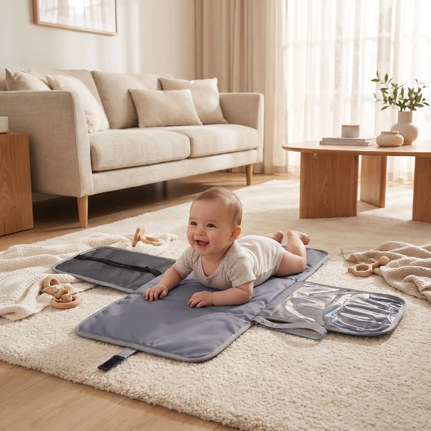 bébé sur tapis à langer nomade blue dots au salon