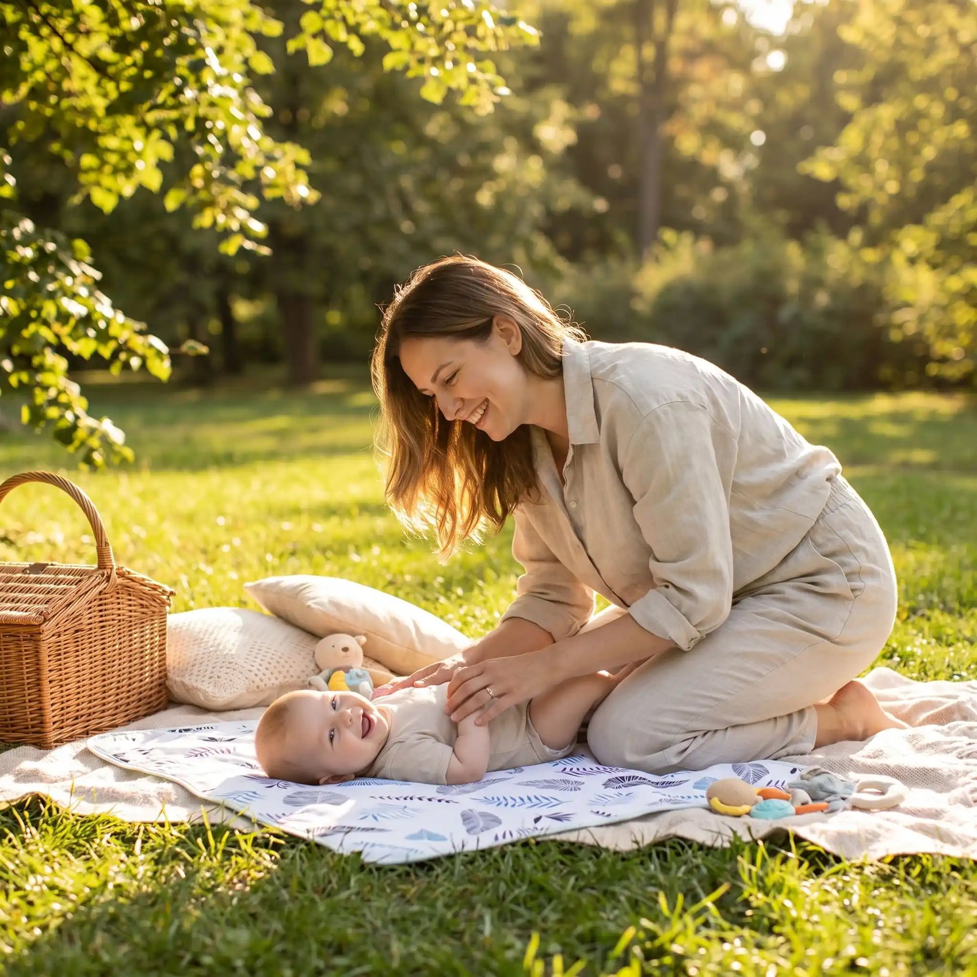 bébé sur tapis à langer nomade feuilles au parc avec maman
