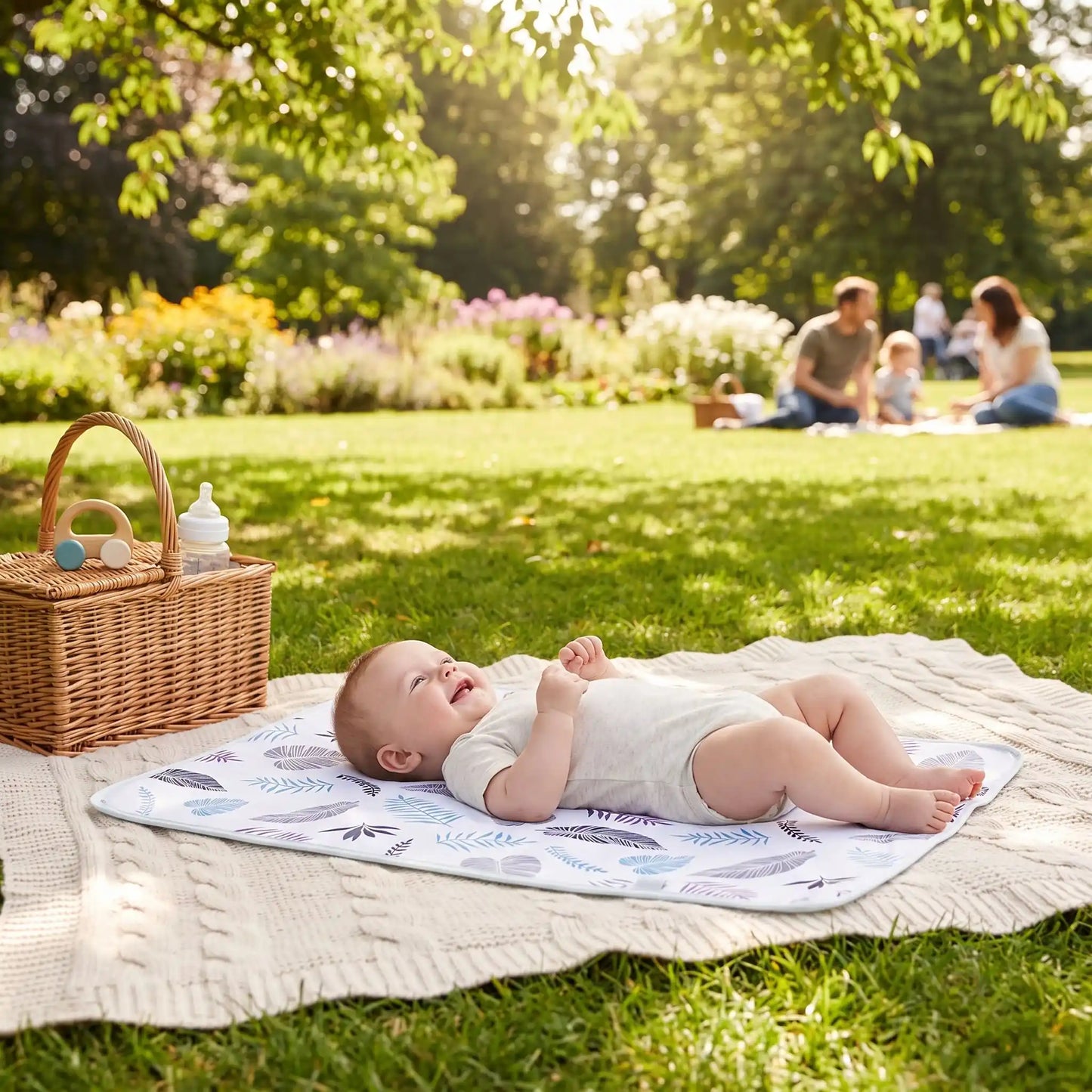 bébé sur tapis à langer nomade feuilles au parc