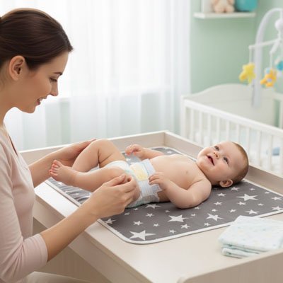 bébé sur tapis à langer nomade imperméable soft avec maman dans la chambre