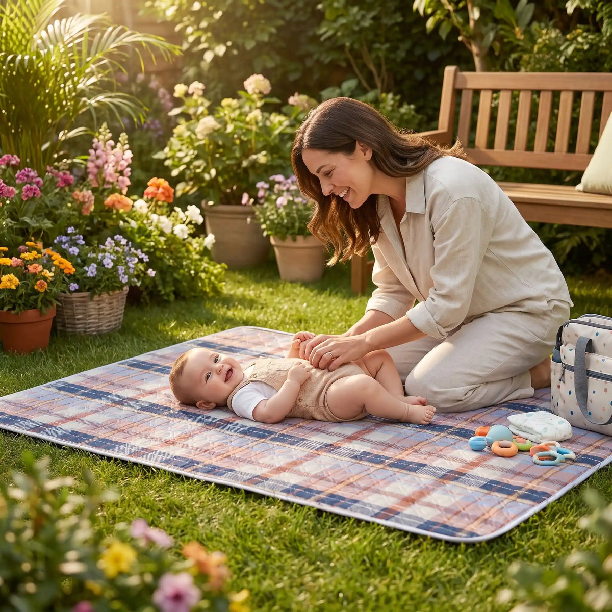 bébé sur tapis à langer nomade journey au jardin avec maman