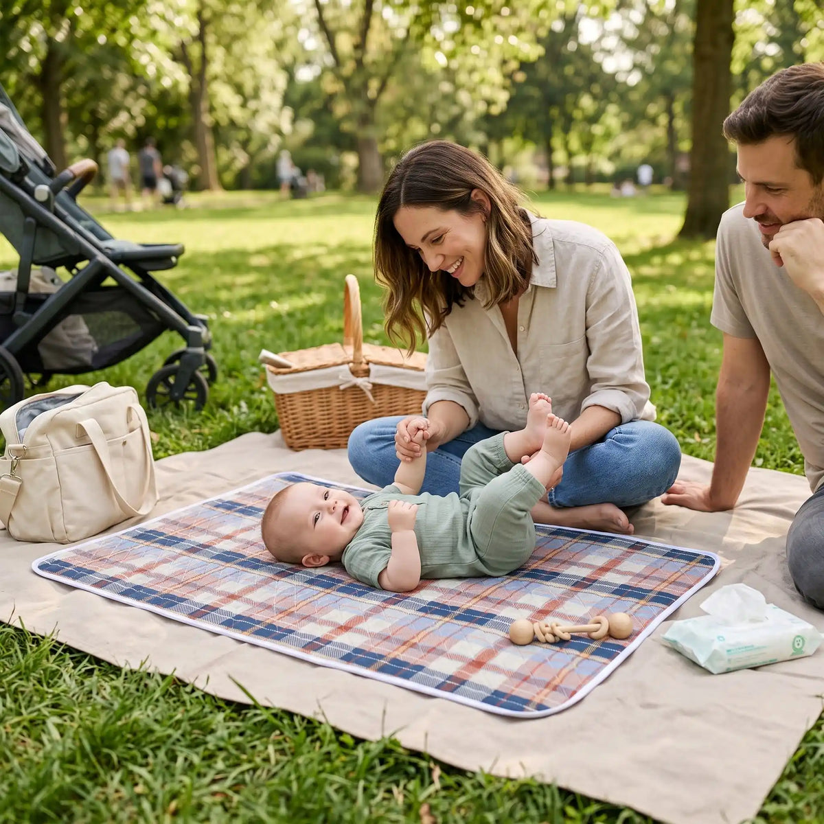 bébé sur tapis à langer nomade journey au parc avec famille