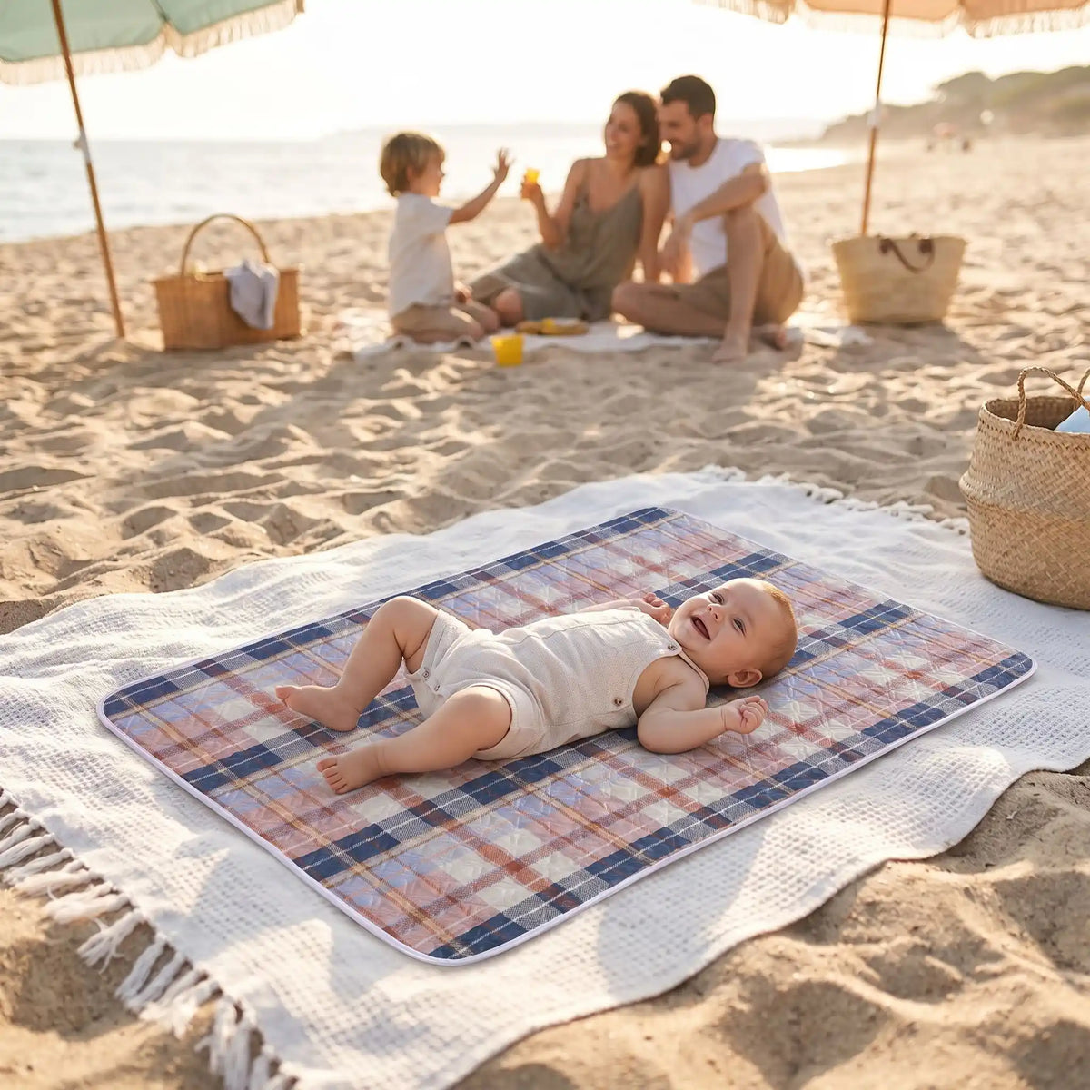 bébé sur tapis à langer nomade journey sur plage avec famille