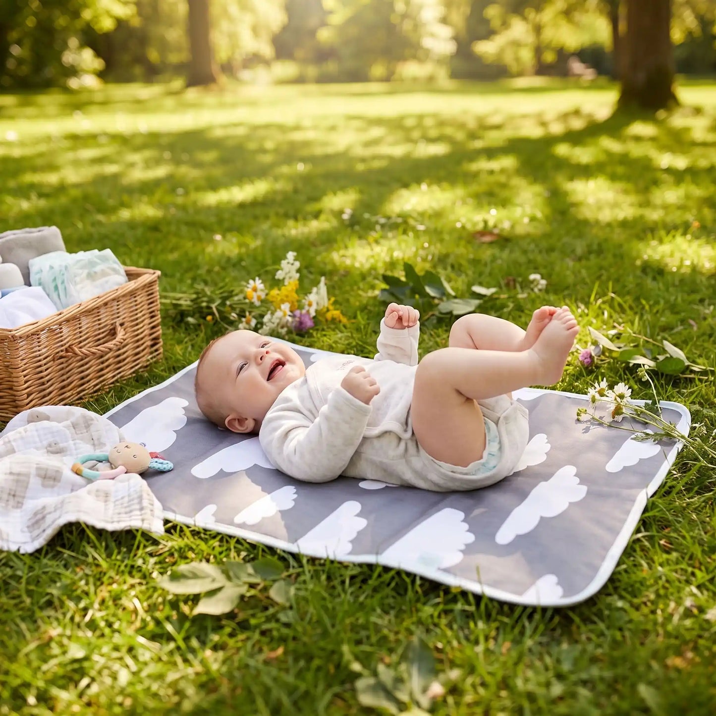 bébé sur tapis à langer nuages au parc