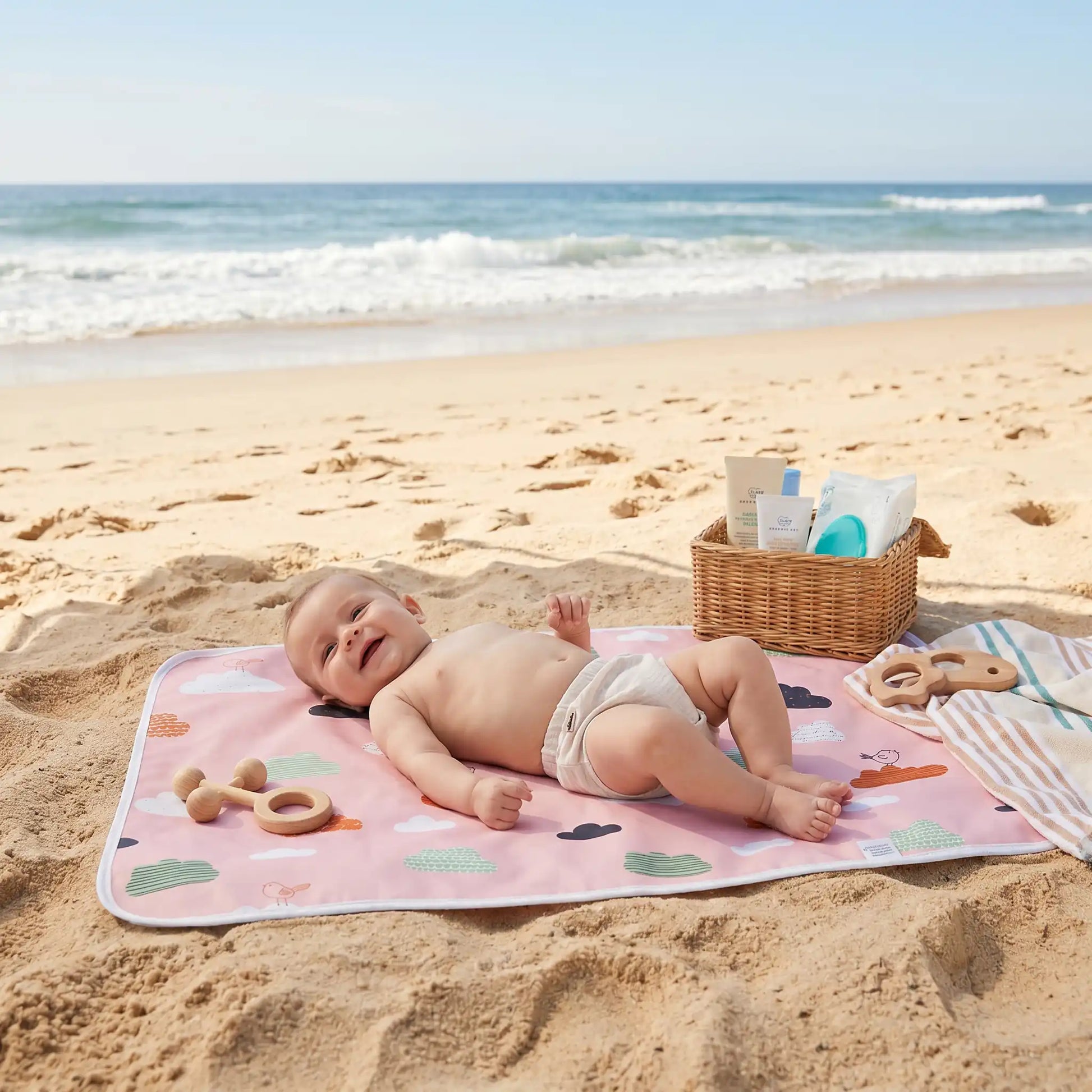 bébé sur tapis à langer respirant à la plage