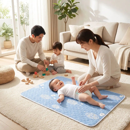 bébé sur tapis change bebe tree au salon avec famille