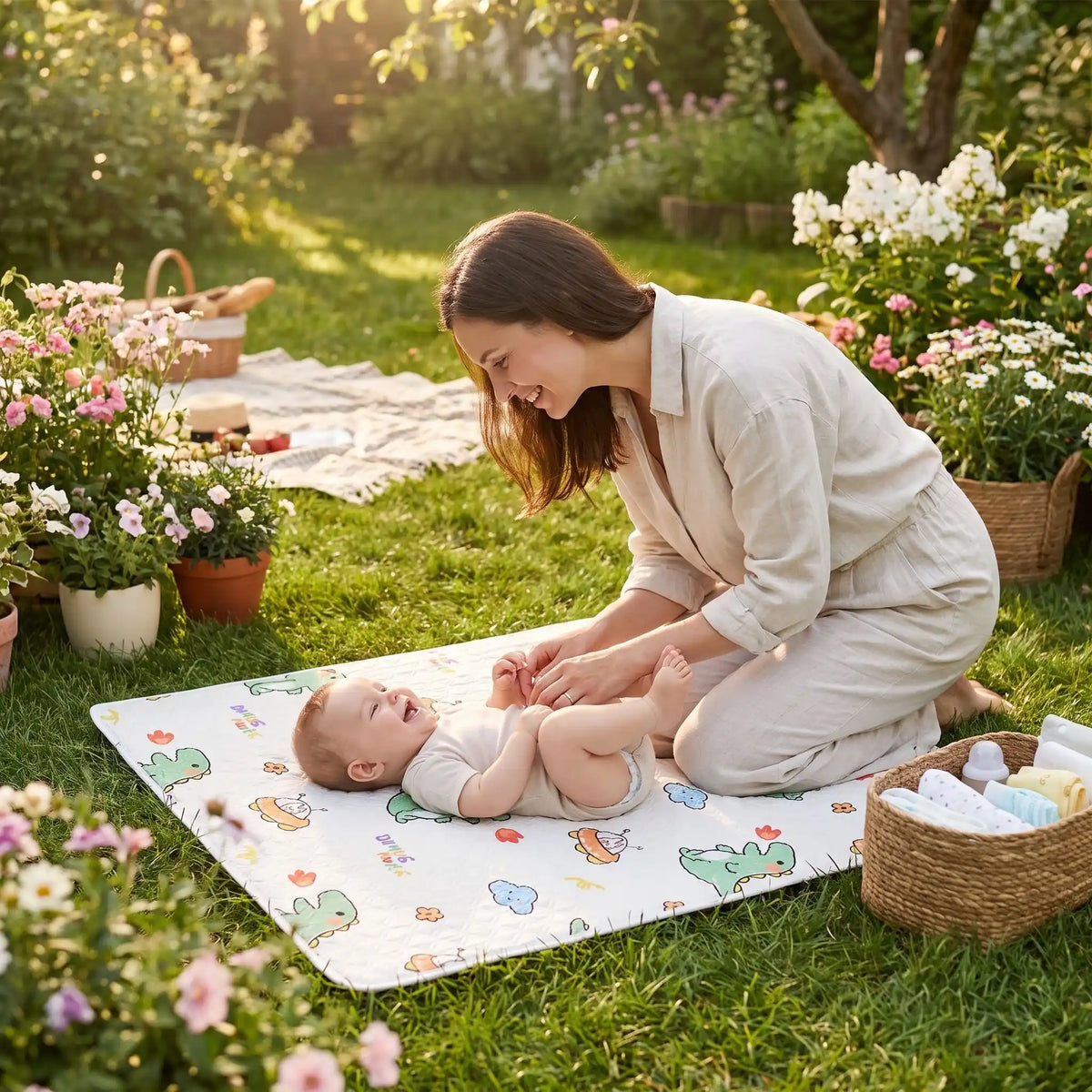 bébé sur tapis de change nomade paradise au jardin avec maman