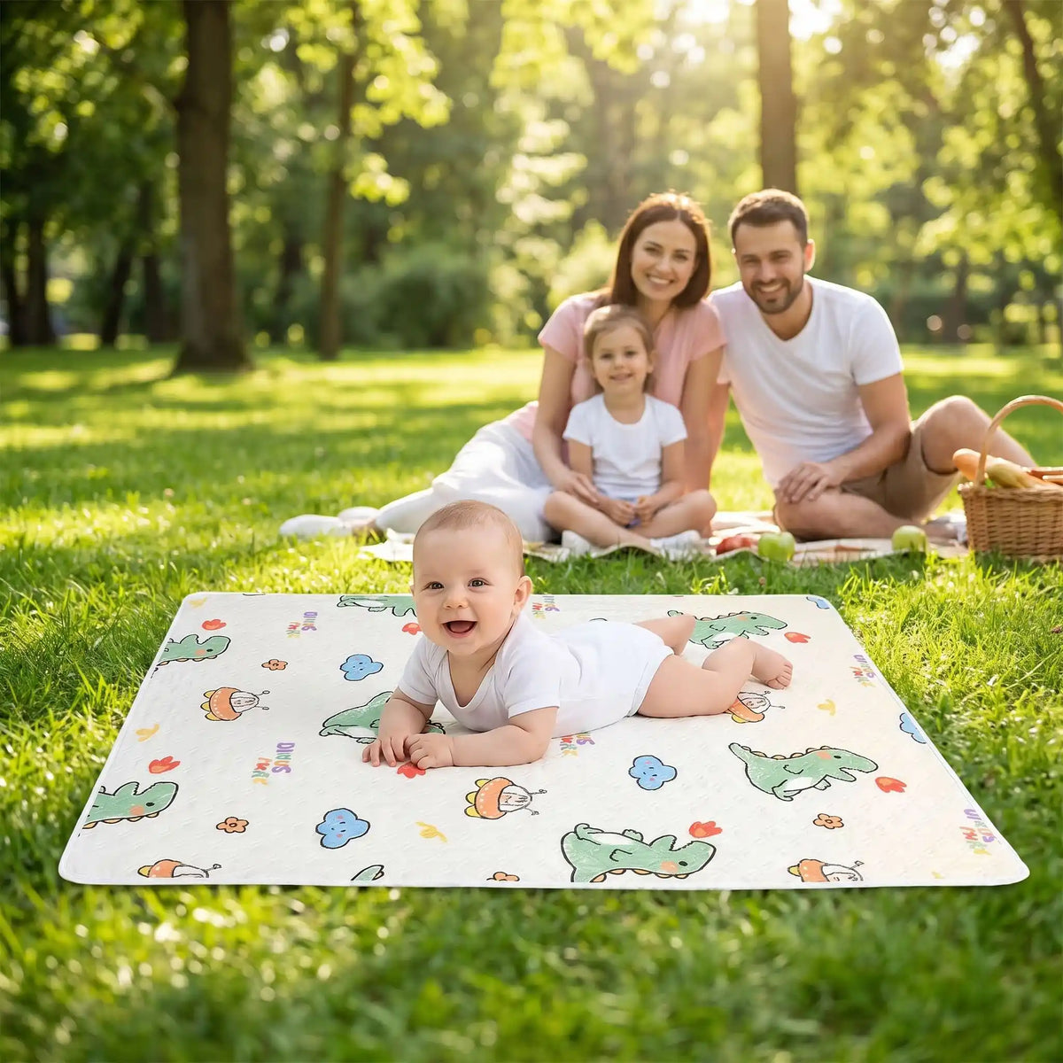 bébé sur tapis de change nomade paradise au parc avec famille
