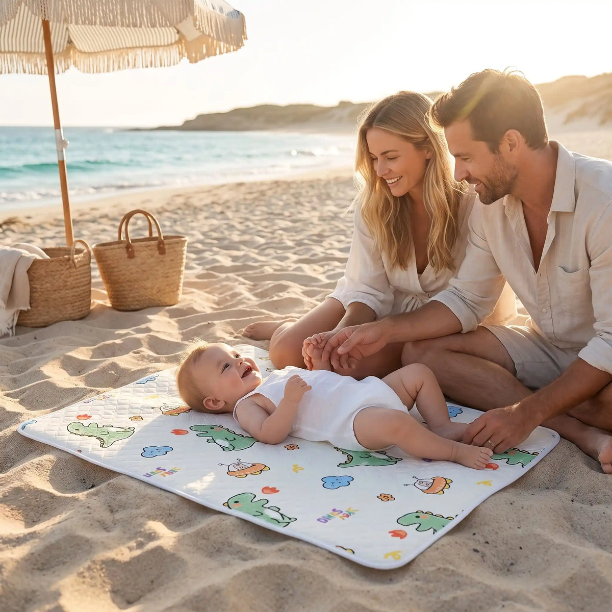 bébé sur tapis de change nomade paradise sur plage avec famille