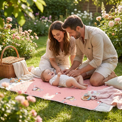 bebe sur tapis de change nomade pinkgirl au jardin avec famille