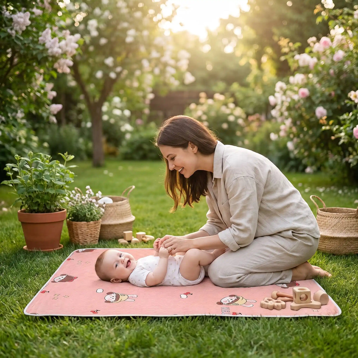 bebe sur tapis de change nomade pinkgirl au jardin avec maman