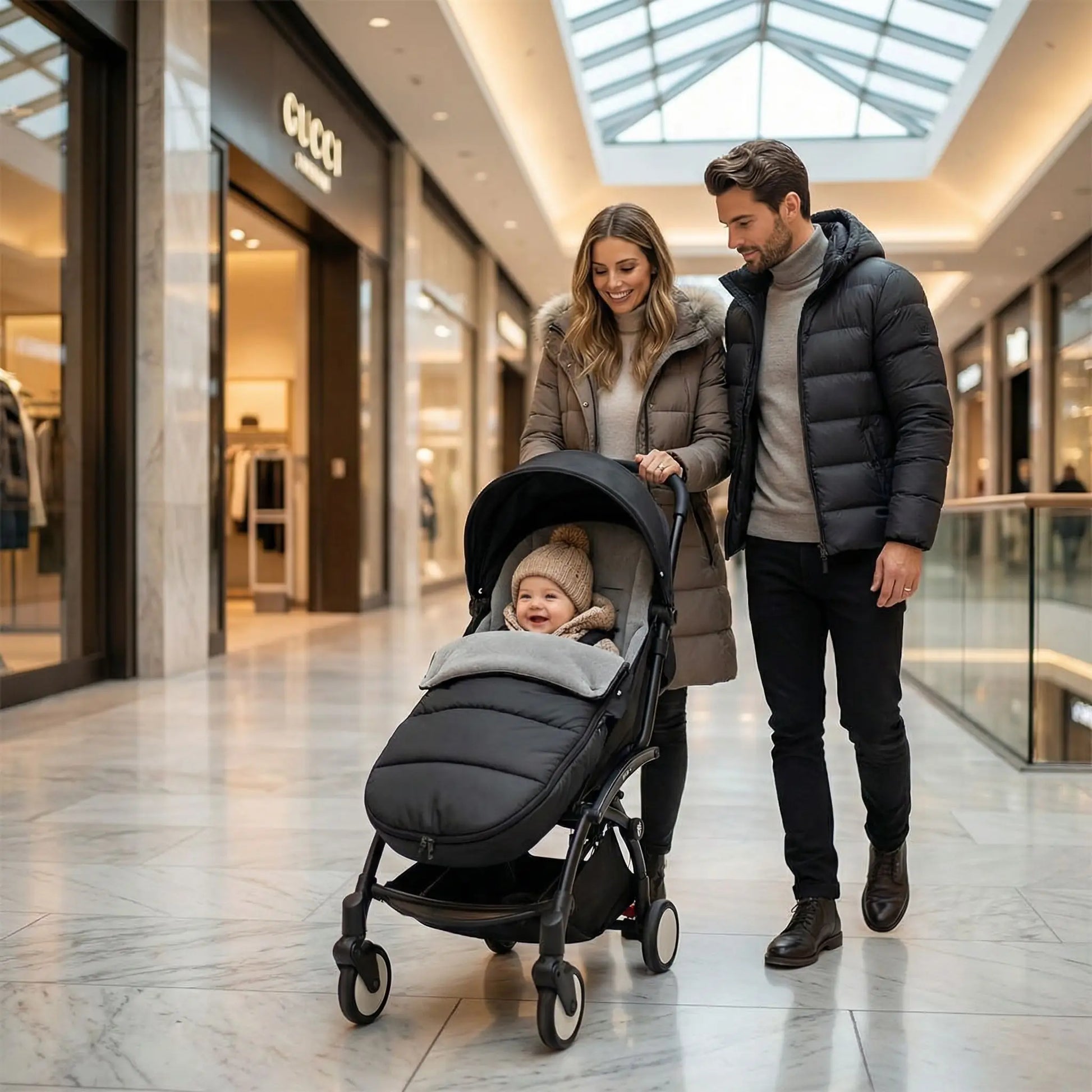 bébé dans chanceliere bebe hiver cocon douillet avec papa et maman