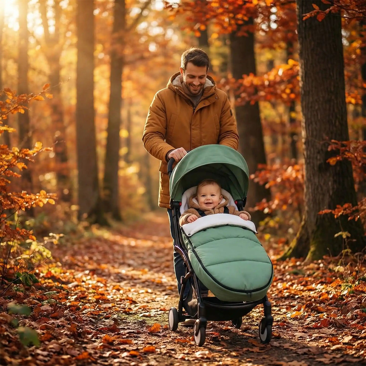 bébé dans la chanceliere cosy hiver douillette universelle avec papa au bois