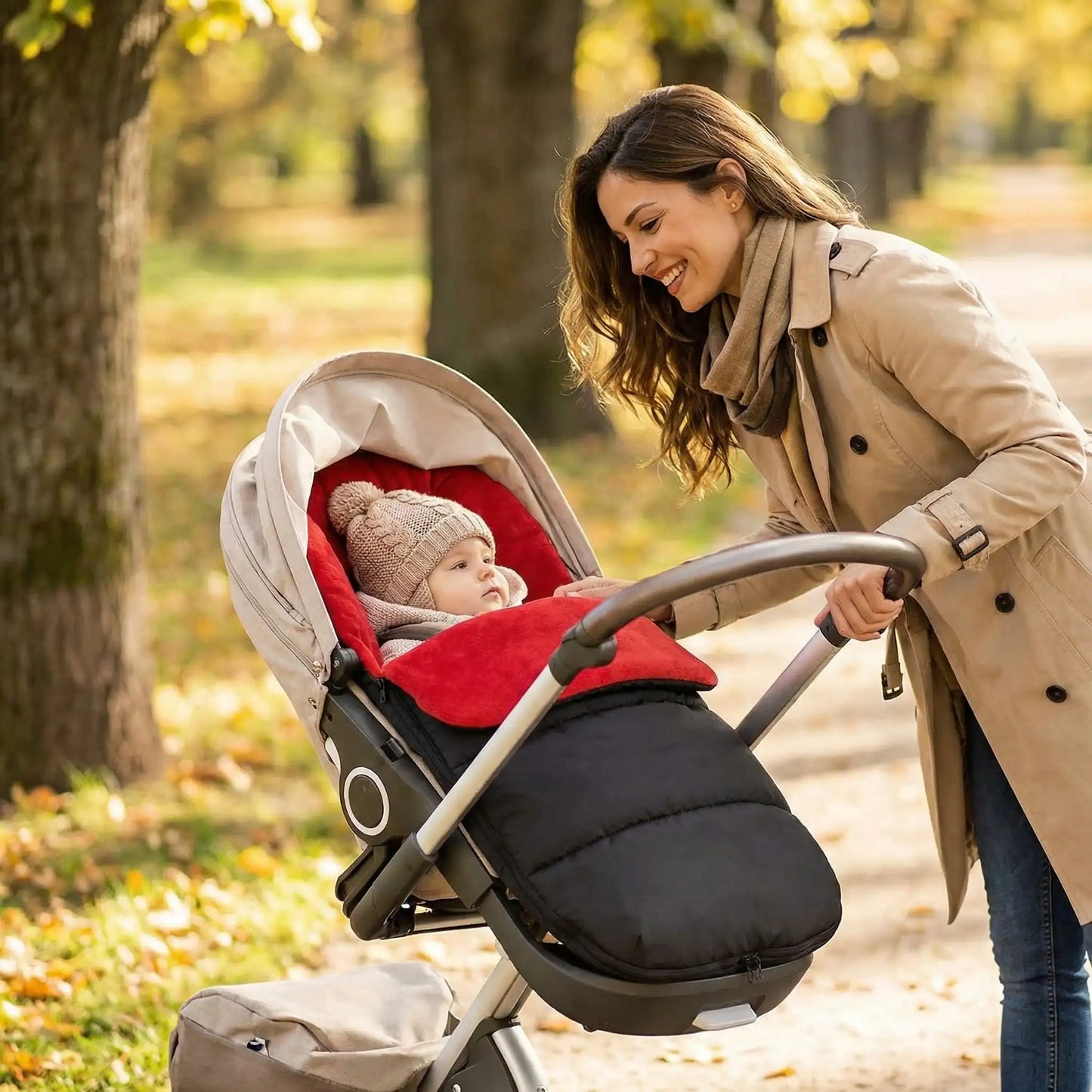 bébé dans chancelière cosy hiver polaire au parc avec maman