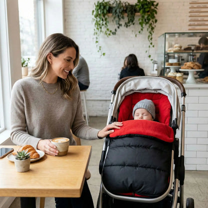 bébé dans chancelière cosy hiver polaire avec maman au café restaurant