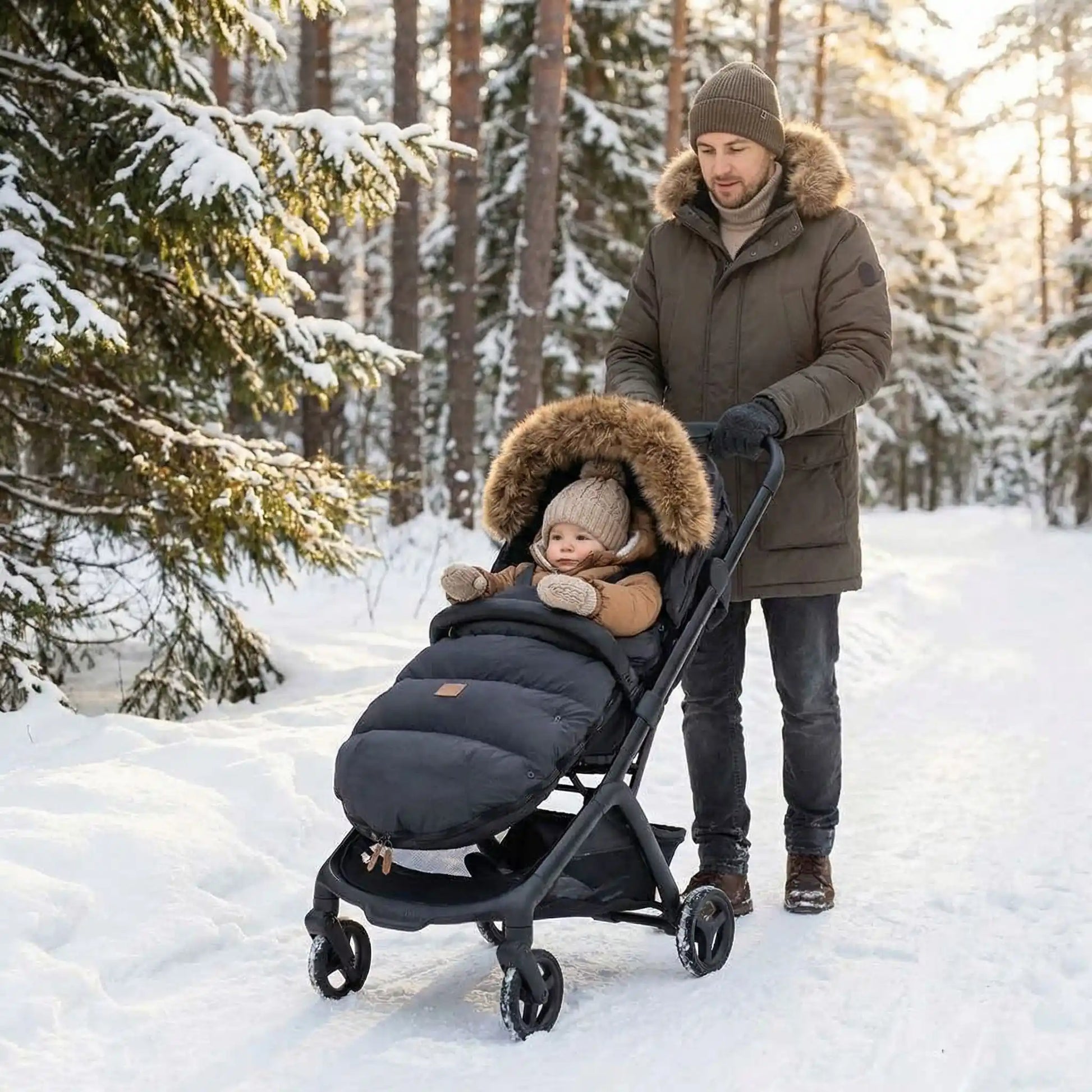 bébé dans chancelière poussette cozywinter avec papa