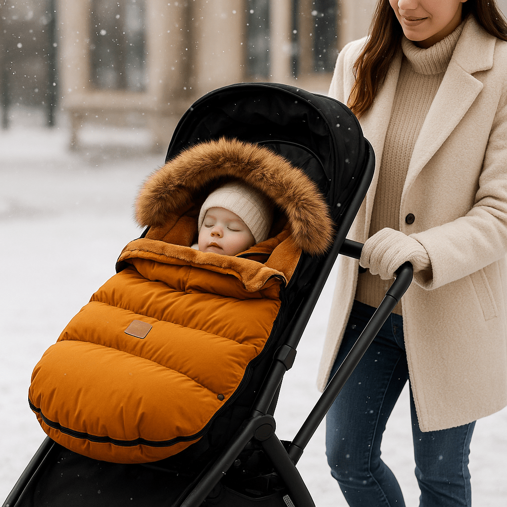 bébé dans chanceliere poussette cozywinter brun avec maman