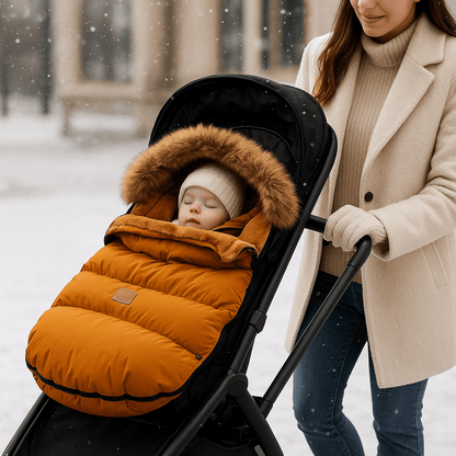 bébé dans chanceliere poussette cozywinter brun avec maman